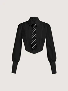 SHEIN MOD Áo sơ mi nữ Thắt nơ trước Nút phía trước Sọc Giải trí - màu đen - Xem 1