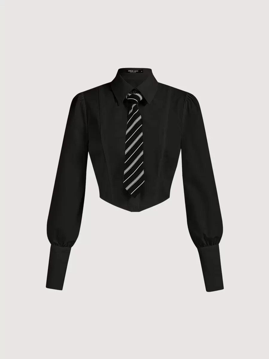 SHEIN MOD Áo sơ mi nữ Thắt nơ trước Nút phía trước Sọc Giải trí - màu đen - Xem 1
