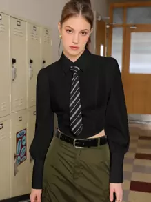 SHEIN MOD Áo sơ mi nữ Thắt nơ trước Nút phía trước Sọc Giải trí - màu đen - Xem 2