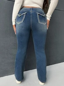 SHEIN EZwear Plus Contrast Tape Flare Leg Jeans - Dark Wash - View 2