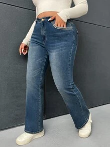 SHEIN EZwear Plus Contrast Tape Flare Leg Jeans - Dark Wash - View 3