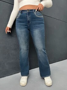 SHEIN EZwear Plus Contrast Tape Flare Leg Jeans - Dark Wash - View 4