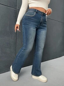 SHEIN EZwear Plus Contrast Tape Flare Leg Jeans - Dark Wash - View 5