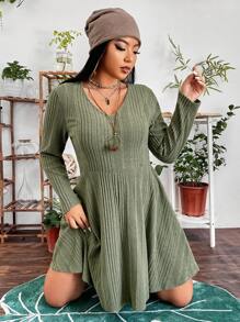 Flirla Plus V Neck A-line Dress - Army Green - View 1