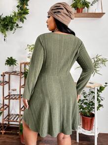 Flirla Plus V Neck A-line Dress - Army Green - View 2