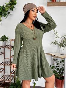 Flirla Plus V Neck A-line Dress - Army Green - View 4