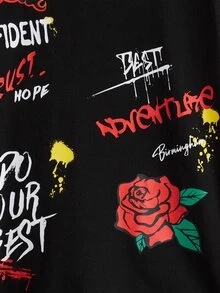 SHEIN Boys Letter & Floral Print 2 In 1 Tee - Black - View 5