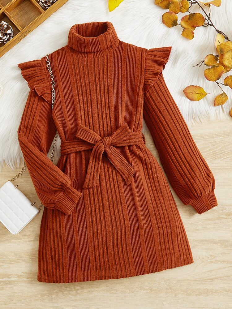 Tween Girls Long Sleeve Knitted Turtleneck Rib Knit Sweater Dress