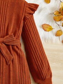SHEIN 女童长袖针织高领罗纹针织毛衣裙 - 亮橙色 - 查看 3