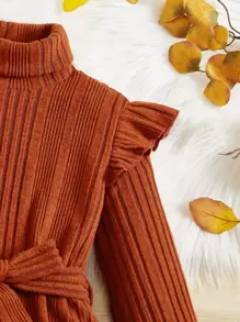 SHEIN 女童长袖针织高领罗纹针织毛衣裙 - 亮橙色 - 查看 4