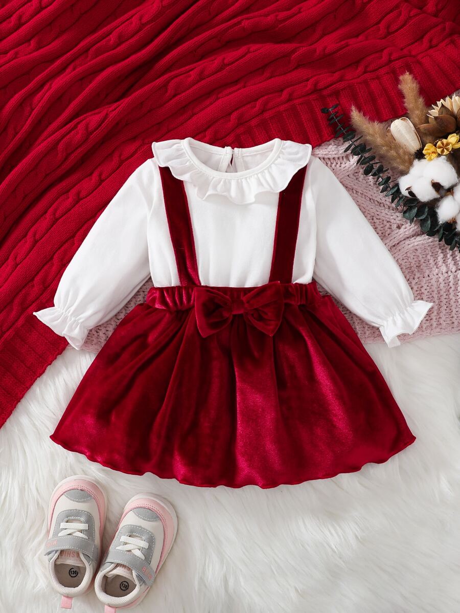 Recién nacido Bebé Vestido 2 en 1 ribete con fruncido con lazo delantero de manga con volante - Rojo y blanco - Ver 1