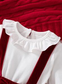 Recién nacido Bebé Vestido 2 en 1 ribete con fruncido con lazo delantero de manga con volante - Rojo y blanco - Ver 3