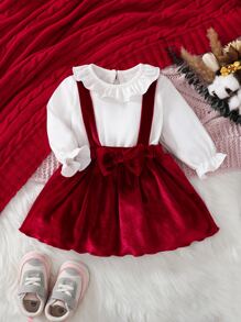 Recién nacido Bebé Vestido 2 en 1 ribete con fruncido con lazo delantero de manga con volante - Rojo y blanco - Ver 7