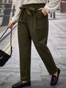SHEIN Frenchy Plus Paperbag Waist Belted Pants - Army Green - View 1
