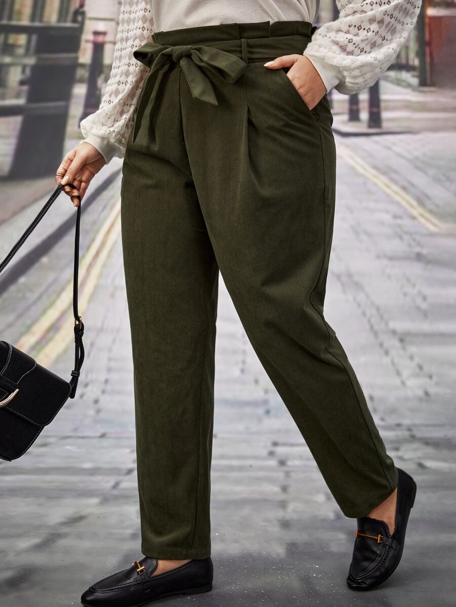 SHEIN Frenchy Plus Paperbag Waist Belted Pants - Army Green - View 1