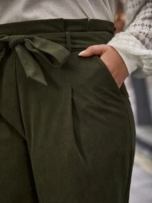 SHEIN Frenchy Plus Paperbag Waist Belted Pants - Army Green - View 2
