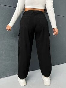 SHEIN EZwear Plus Drawstring Hem Cargo Jeans - Black - View 2