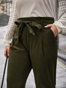SHEIN Frenchy Plus Paperbag Waist Belted Pants - Army Green - View 4