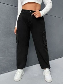 SHEIN EZwear Plus Drawstring Hem Cargo Jeans - Black - View 3