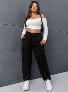 SHEIN EZwear Plus Drawstring Hem Cargo Jeans - Black - View 4