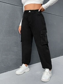 SHEIN EZwear Plus Drawstring Hem Cargo Jeans - Black - View 5