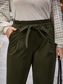 SHEIN Frenchy Plus Paperbag Waist Belted Pants - Army Green - View 5