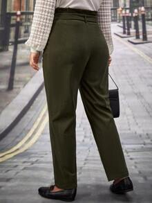 SHEIN Frenchy Plus Paperbag Waist Belted Pants - Army Green - View 3