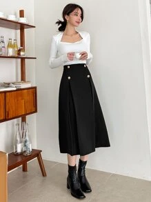 DAZY Váy nữ Nút màu trơn Giải trí - màu đen - Xem 5