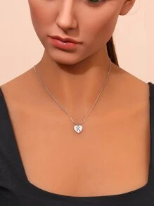 鏤空字母細節愛心掛飾項鍊 - 銀色 - 查看 2