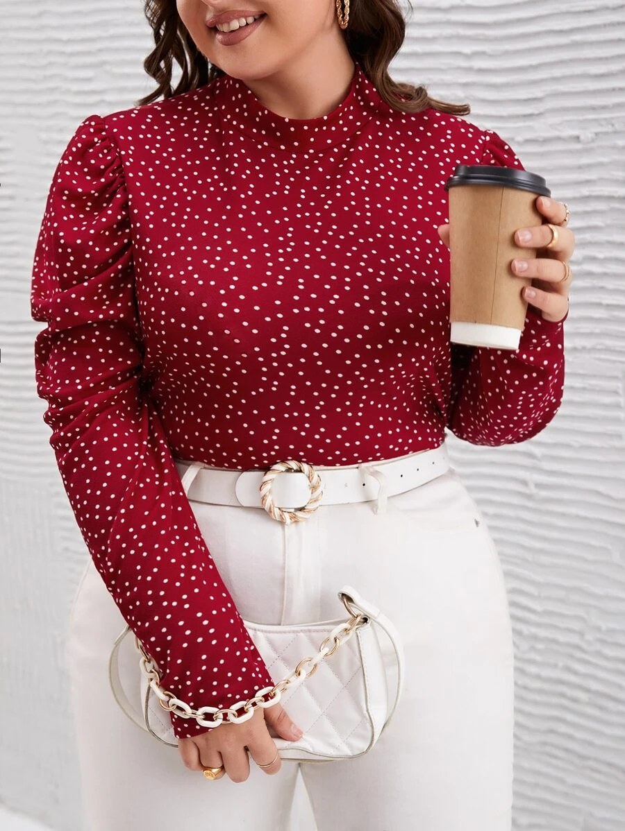 SHEIN Clasi Áo thun Plus size Chấm bi Giải trí - Đỏ - Xem 1