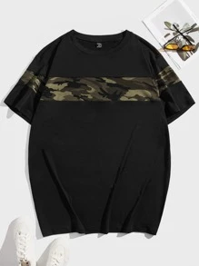 Manfinity VCAY Camiseta de manga corta con estampado de camuflaje de talla grande para hombre, regalo para el novio, para salir - Negro - Ver 1