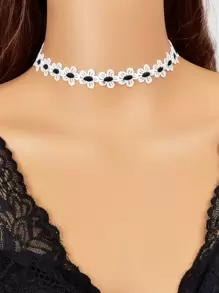 花卉刺繡頸鏈 - 黑與白 - 查看 1