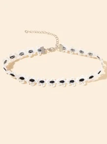 花卉刺繡頸鏈 - 黑與白 - 查看 2