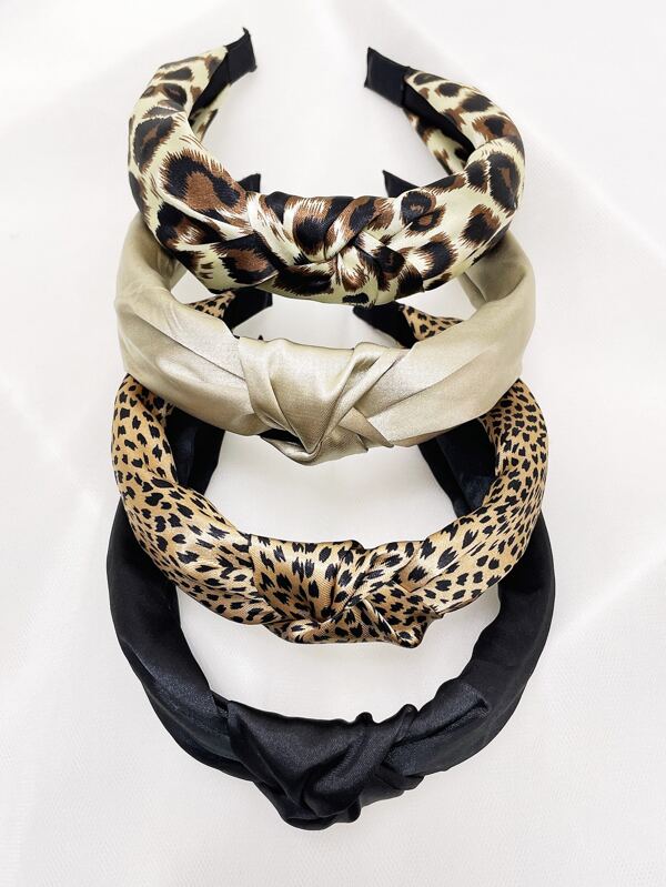 4pcs/Set Women Plain & Leopard Floral Fabric Headband Twist Knot Hairband, Fashion Accessory For Daily Use, Washing Face & Street Wear ,Hair Hoop Head Accessories Beauty Home Hair Accessories