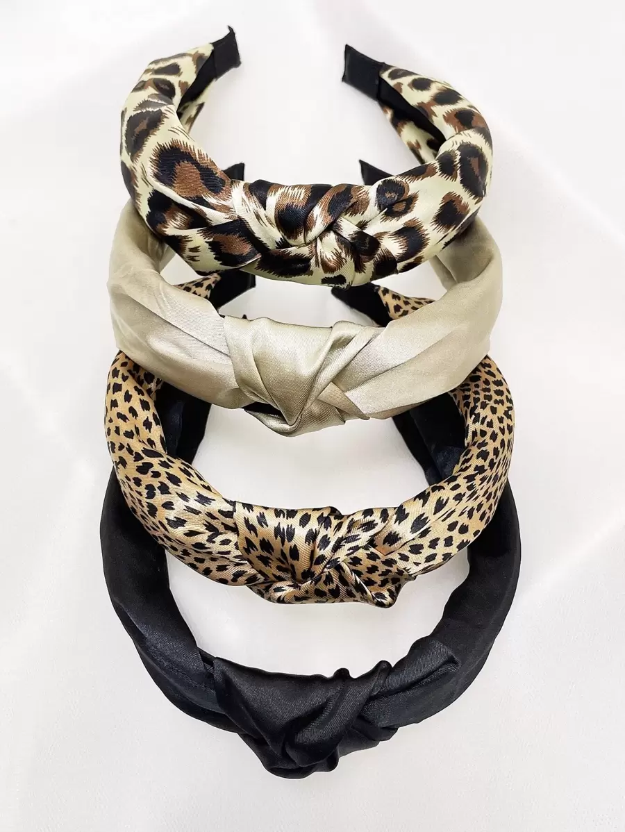 4pcs/Set Women Plain & Leopard Floral Fabric Headband Twist Knot Hairband, Fashion Accessory For Daily Use, Washing Face & Street Wear ,Hair Hoop Head Accessories Beauty Home Hair Accessories - Multicolor - View 1