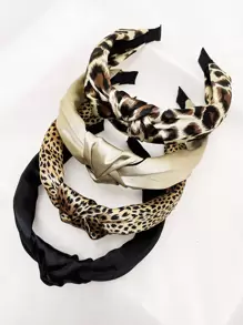 4pcs/Set Women Plain & Leopard Floral Fabric Headband Twist Knot Hairband, Fashion Accessory For Daily Use, Washing Face & Street Wear ,Hair Hoop Head Accessories Beauty Home Hair Accessories - Multicolor - View 2