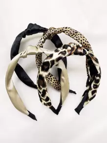 4pcs/Set Women Plain & Leopard Floral Fabric Headband Twist Knot Hairband, Fashion Accessory For Daily Use, Washing Face & Street Wear ,Hair Hoop Head Accessories Beauty Home Hair Accessories - Multicolor - View 4