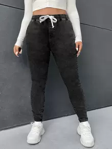 SHEIN EZwear Quần Denim kích thước lớn Dây kéo Túi màu trơn - màu đen - Xem 1