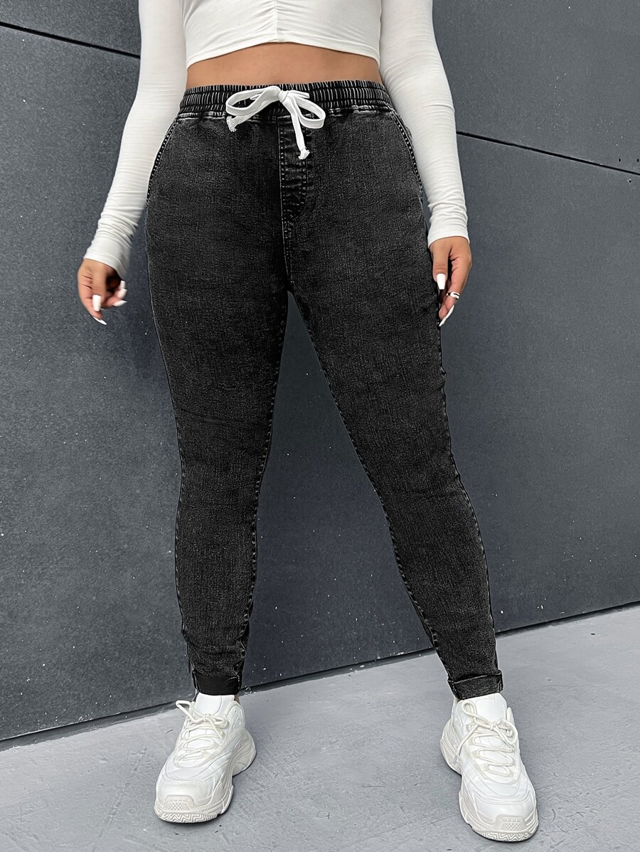 SHEIN EZwear Quần Denim kích thước lớn Dây kéo Túi màu trơn - màu đen - Xem 1