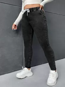 SHEIN EZwear Quần Denim kích thước lớn Dây kéo Túi màu trơn - màu đen - Xem 3