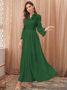 Guipure Lace Insert A-line Dress - Dark Green - View 1