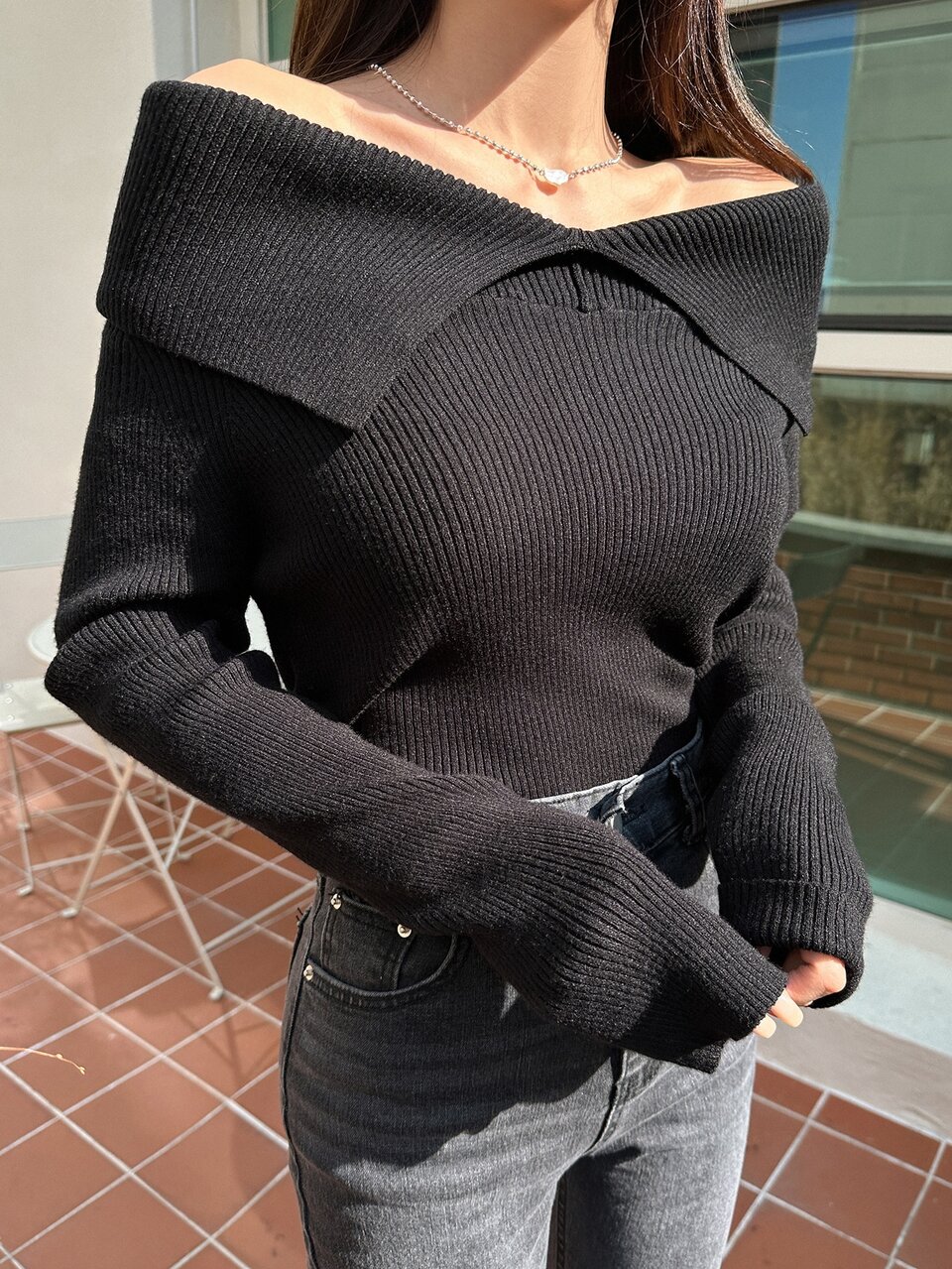 Off Shoulder Ribbed Knit Sweater