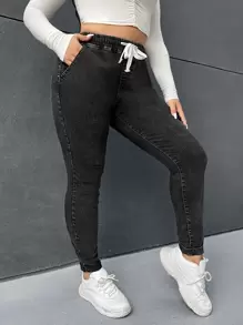 SHEIN EZwear Quần Denim kích thước lớn Dây kéo Túi màu trơn - màu đen - Xem 4