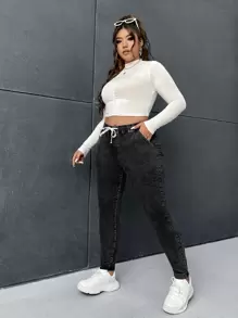 SHEIN EZwear Quần Denim kích thước lớn Dây kéo Túi màu trơn - màu đen - Xem 5