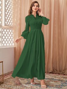Guipure Lace Insert A-line Dress - Dark Green - View 4