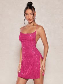 SHEIN BAE 高衩十字交叉後背繫帶亮片吊帶連衣裙 - 玫紅色 - 查看 1