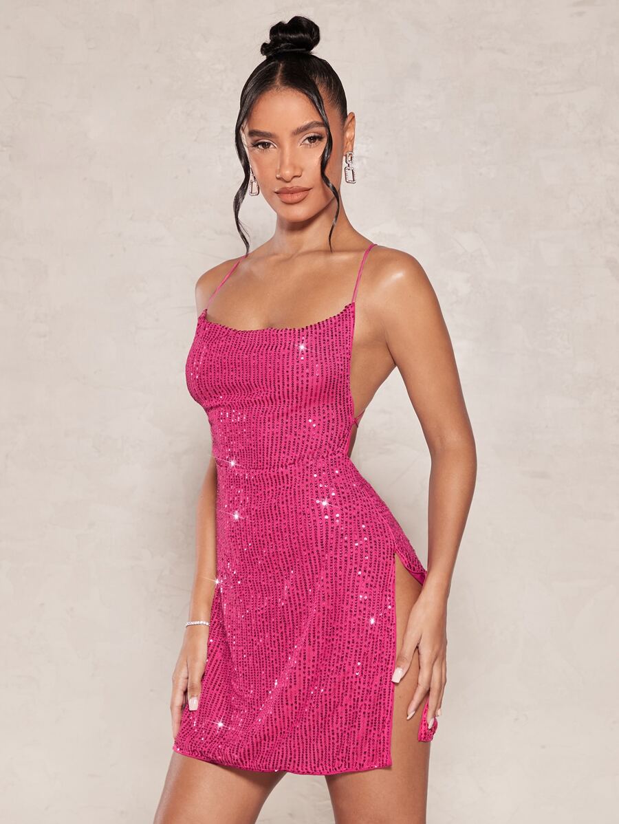 SHEIN BAE 高衩十字交叉後背繫帶亮片吊帶連衣裙 - 玫紅色 - 查看 1