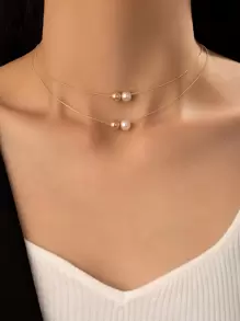 imoli Faux Pearl Decor Layered Choker - Yellow Gold - View 2