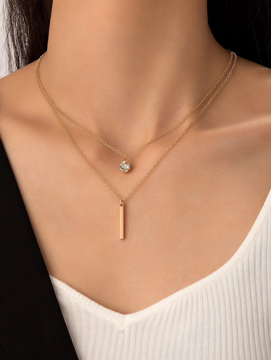 1入組時尚鋅合金水鑽裝飾多層項鏈適合女士適用於約會禮物 - 金黃色 - 查看 1