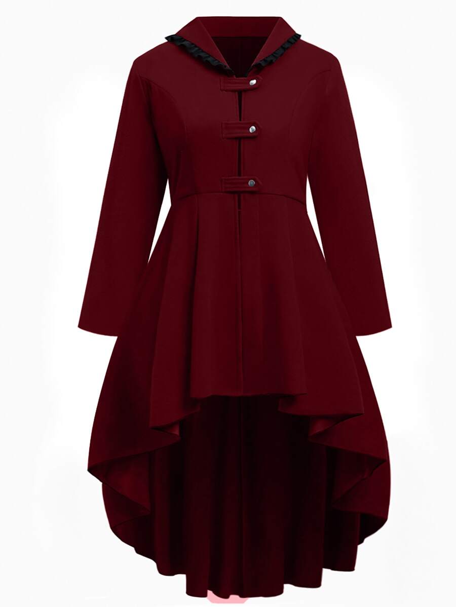 SHEIN Clasi Plus Lace Up Back Frog Button High Low Coat - Burgundy - View 1